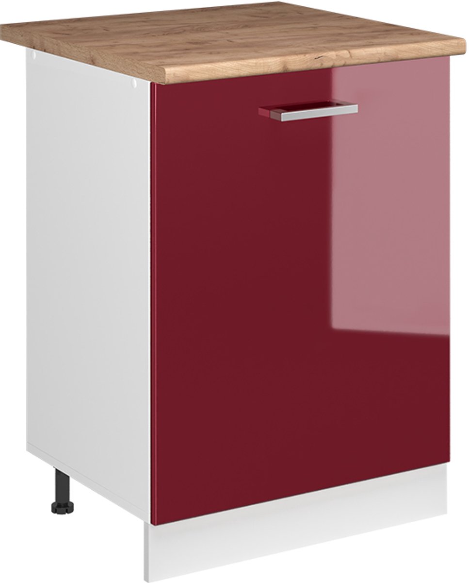Vicco Keukenonderkast R-Line, Rode hoogglans/Wit, 60 cm met 1 deur goudkleurig eiken werkblad
