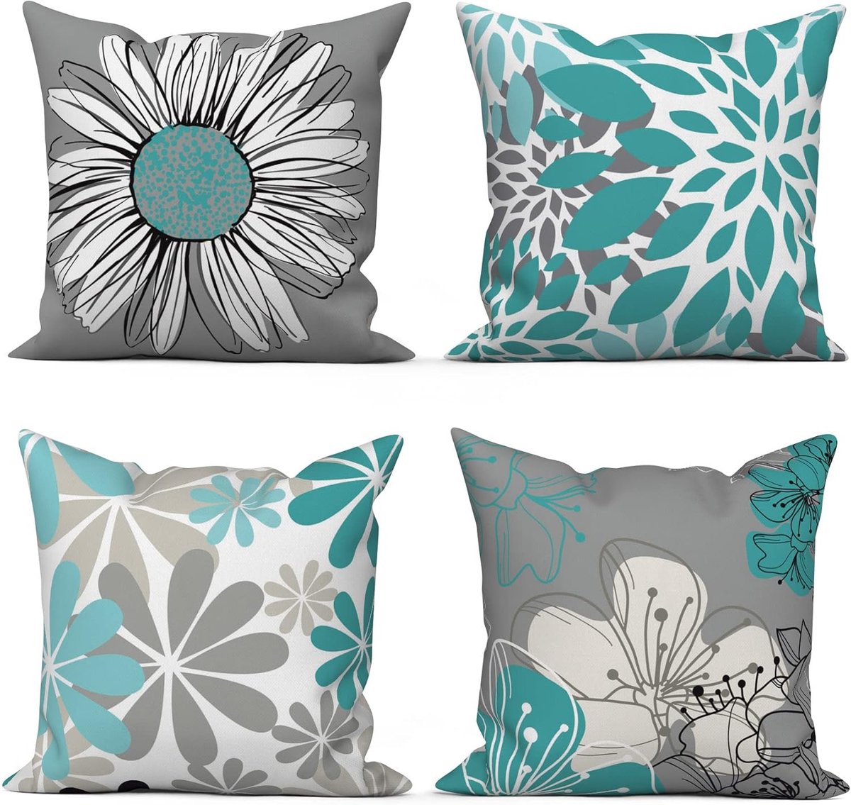 SnelShoppen - Set van 4 Kussenhoezen 40 x 40 cm, Moderne Bloemen Groen Grijs, Wasbare Polyester Linnen, Perfect voor Sofa, Tuin, Feest en Kinderkamers