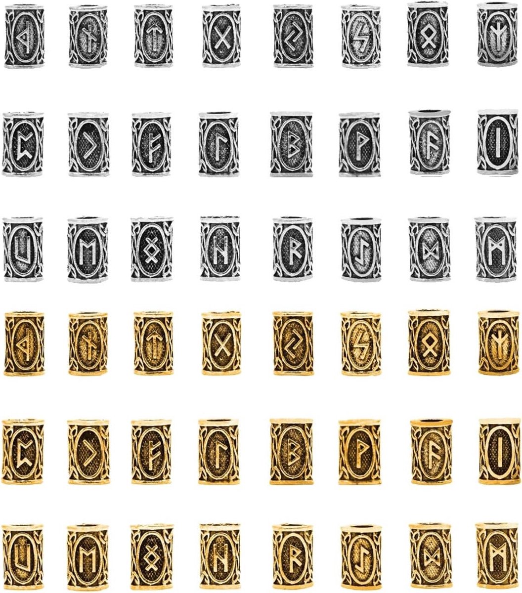 Viking Baard Kralen Set van 48 Stuks met Noorse Runes voor Haar Vlechten, Armbanden en Kettingen (Zilver en Antiek Goud)