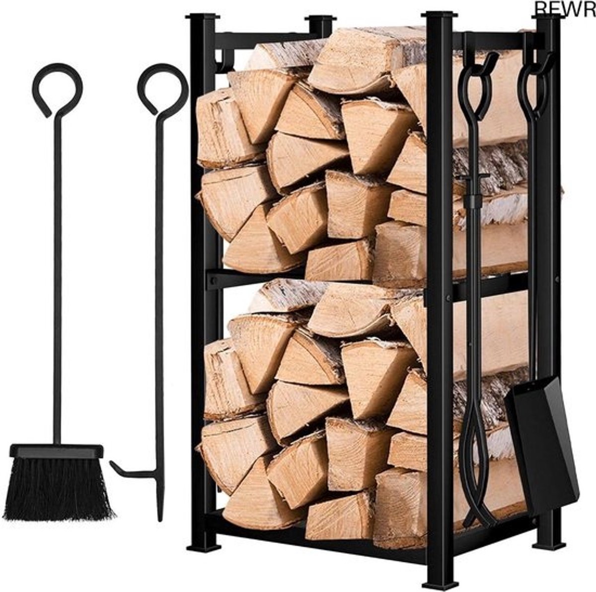 Houtrek - Met gereedschap - Opslag voor haardhout - Haardhout bewaren - Dubbele opberglaag - 72 x 40 x 30 cm - Zwart