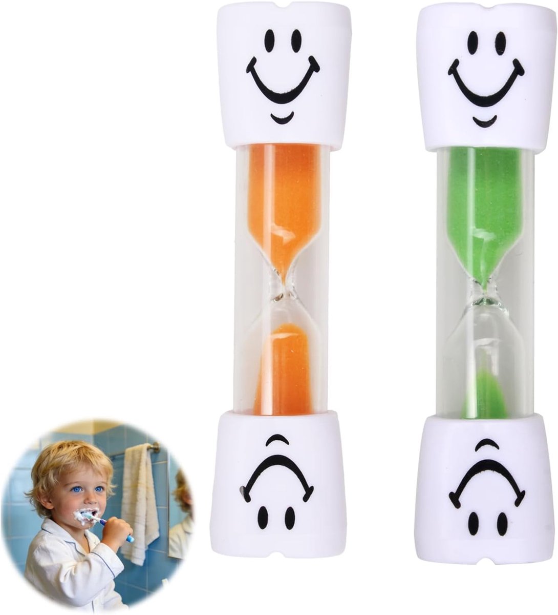 2 stuks kleurrijke zandloper van ca. 3 minuten met glimlachend gezicht - grappige en speelse zandklok voor activiteiten, spelletjes en decoratie, groen en oranje