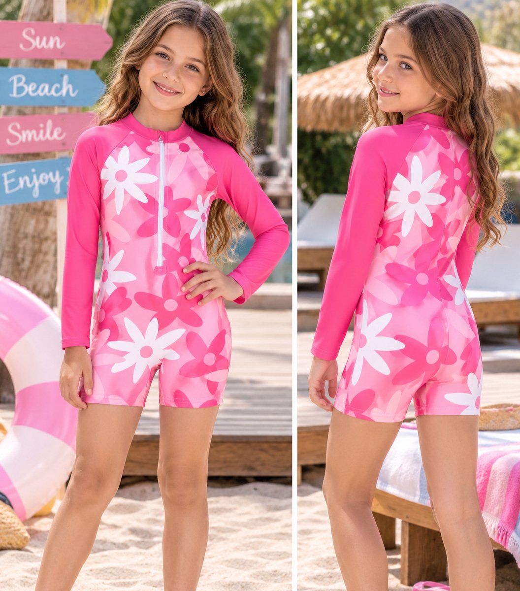 Meisjes UV Zwempak met Bloemen – Lange Mouwen – Roze – Maat 146 / 152