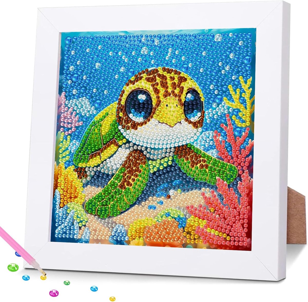 Schildpadden Diamond Painting voor kinderen, met lijst, doe-het-zelf diamond art, zeedieren voor beginners, diamond painting voor meisjes en jongens, geschenken, bureau, thuis, wandkleed, 15 x