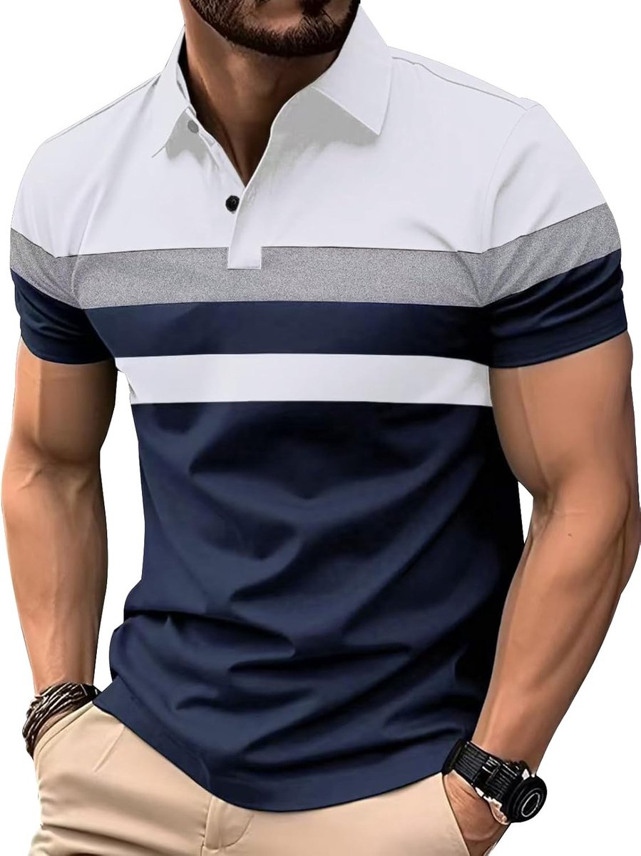 Poloshirt voor heren, korte mouwen, poloshirt, gestreept, zomer, casual, contrasterende kleur