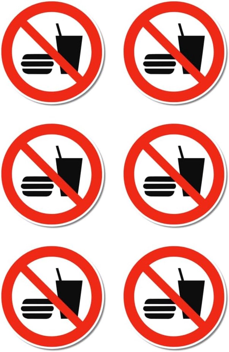 Eten en drinken verboden, verbodstekens: P022 - DIN EN ISO 7010 / ASR A1.3 - stickers: Ø 5 cm, 6 stuks