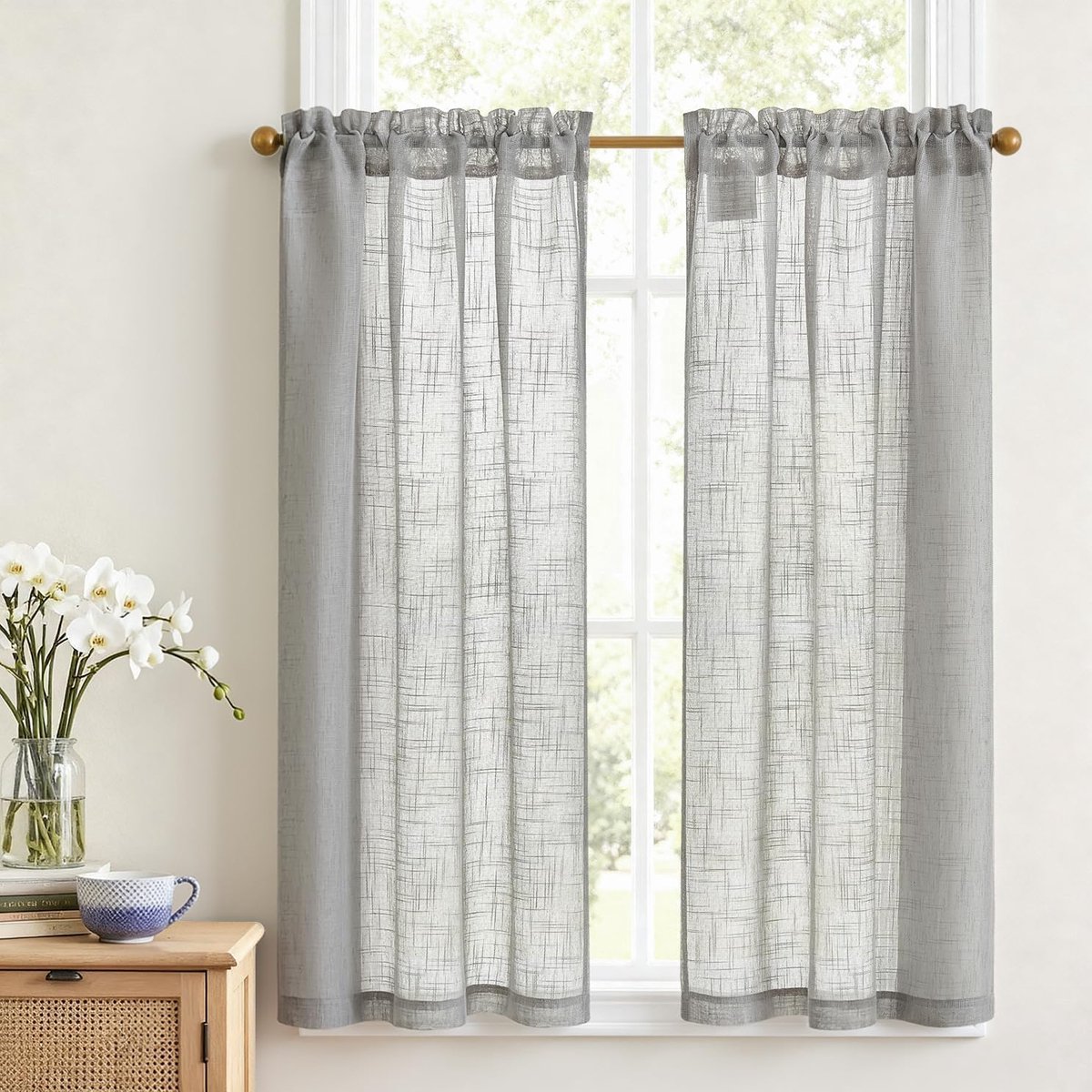 Vitrage voor de keuken, voile, bistrogordijn, set van 2, 65 x 115 cm (b x h), grijs, korte gordijnen, modern, landhuisstijl, raamgordijnen m