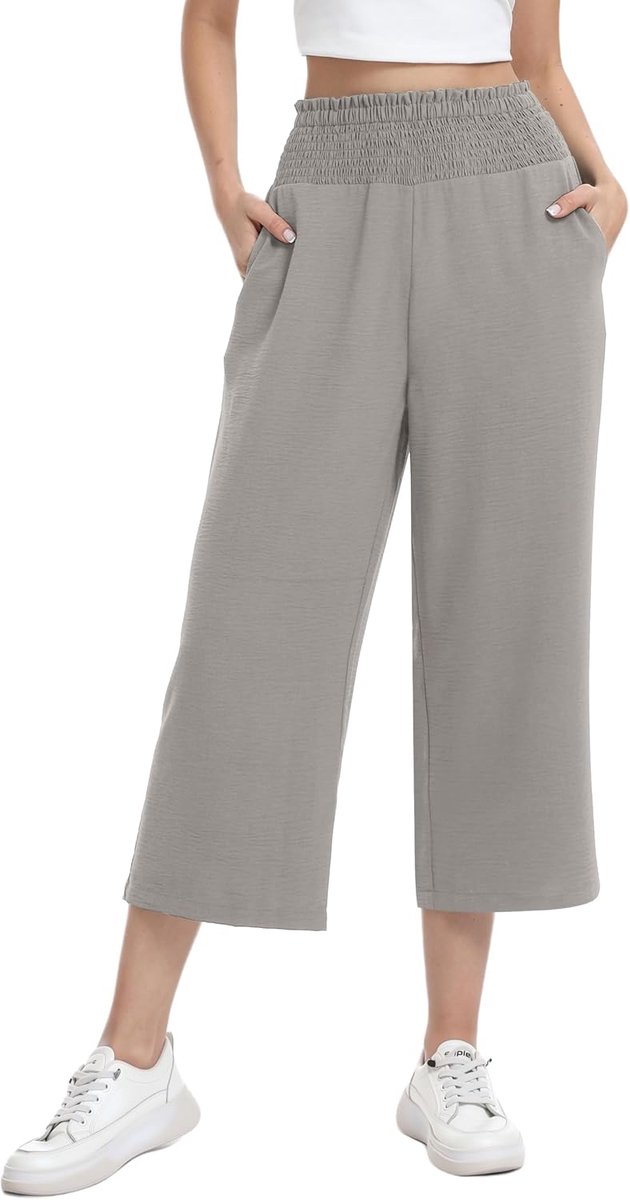 3/4 culotte broek elastische hoge taille zomerbroek | lichte driekwart capribroek met wijde pijpen en zakken