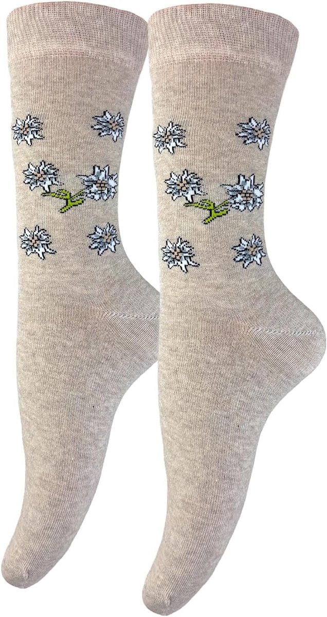 Alpensokken voor dames en kinderen met edelweiss-motief, discreet bloemenmotief in landelijke stijl, zachte katoenen sokken, klederdrachtliefhebbers, natuur- en bergliefhebbers