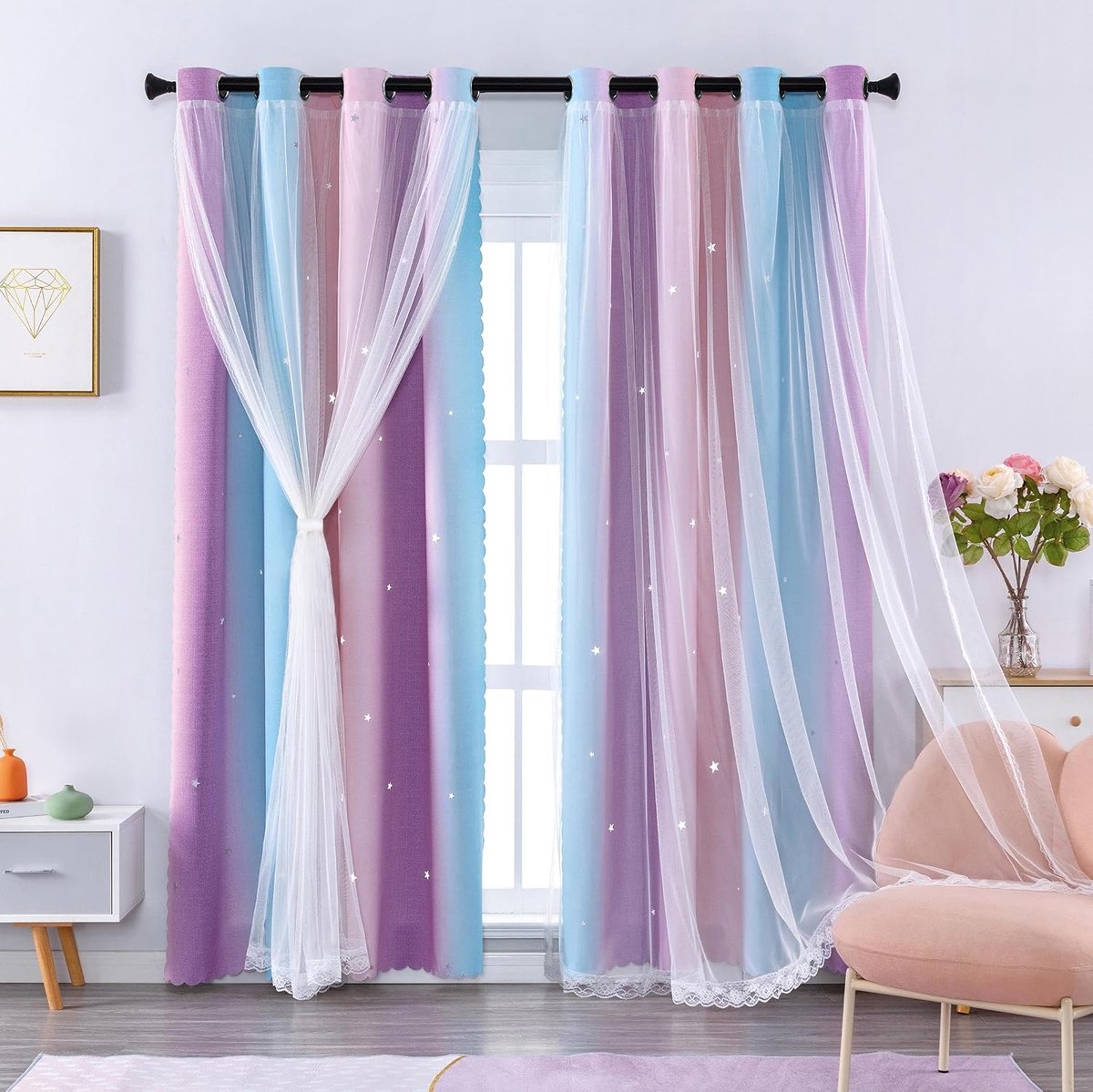 Verduisteringsgordijn voor slaapkamer Dubbellaags 132 x 200 cm van polyester met voile Sterren-design Schuifdeur Meerkleurig Roze BlauwPaars/132/200