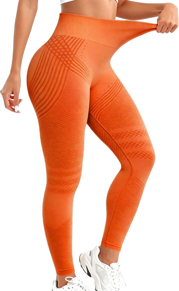 Leggings voor dames, lange sportlegging met push-up compressie, hoge taille, ondoorzichtig, yoga, pilates fitness, sportlegging voor dames, push-up (oranje, M)