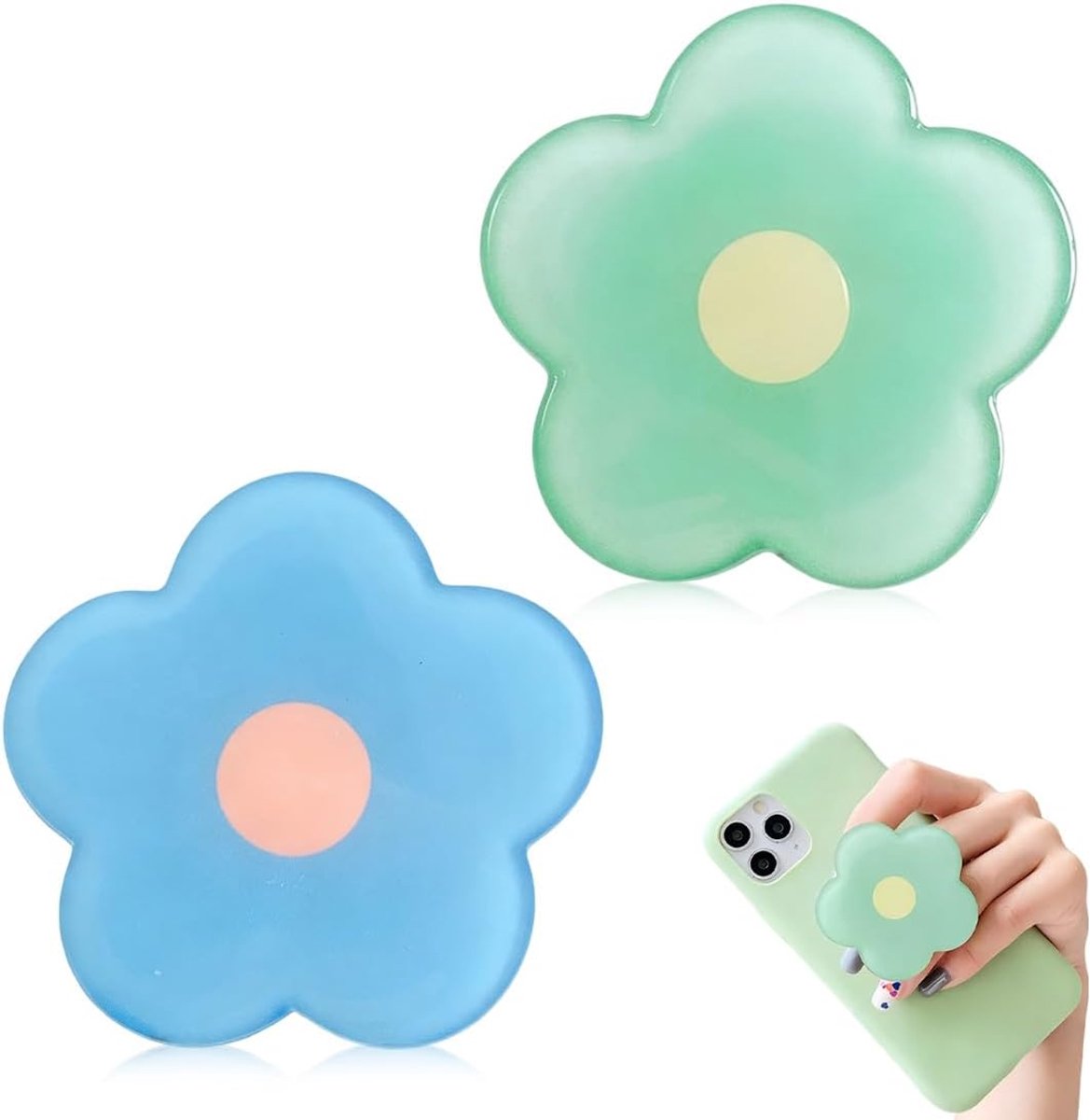 2 stuks ringgreephouder voor mobiele telefoon, bloemenvormige PopSocket, alternatief van acryl, uittrekbare grip en standaard voor telefoon, blauw en groen, voor landschap/staand formaat