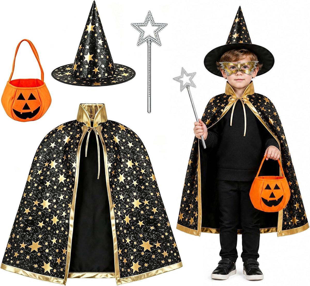Kostuum Kinderen, Tovenaarskostuum Voor Jongens En Meisjes, Heksenkostuum Met Hoed, Cape, Pompoentas – Verkleding Voor Halloween, Carnaval & Cosplay