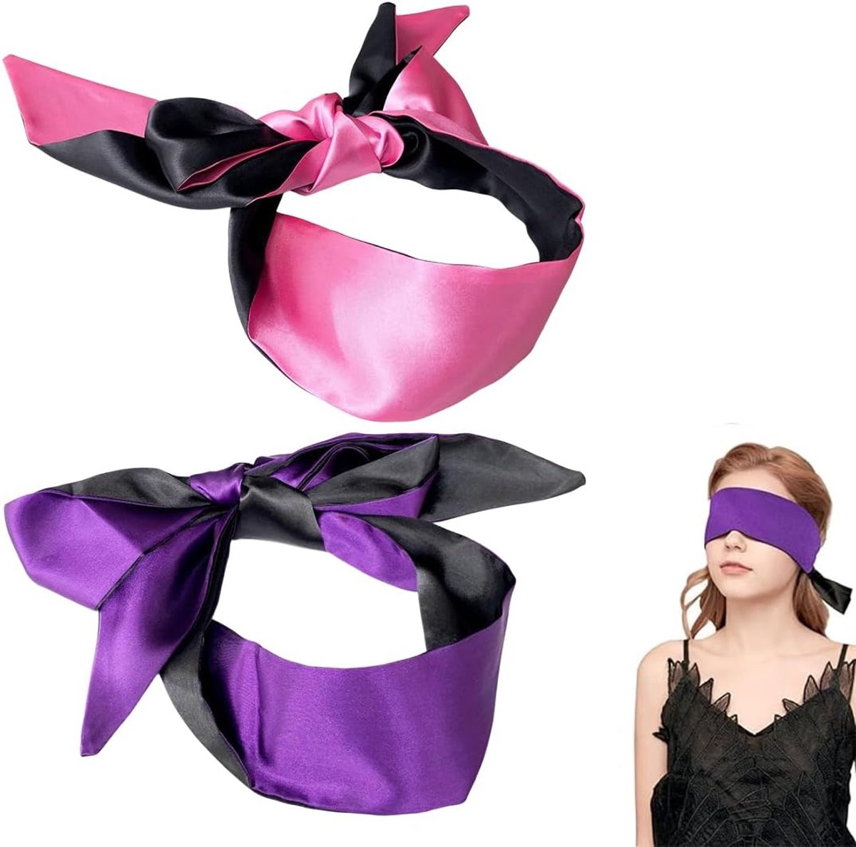 Slaapmaskers, set van 2 zijden slaapmaskers met strik en bindbanden