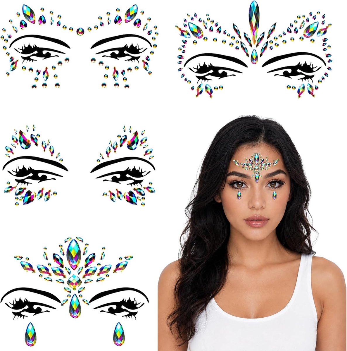 4 vellen edelstenen voor het gezicht, dames, strassteentjes, zelfklevend, gezichtsstickers, ideaal voor Halloween, feesten en festivals