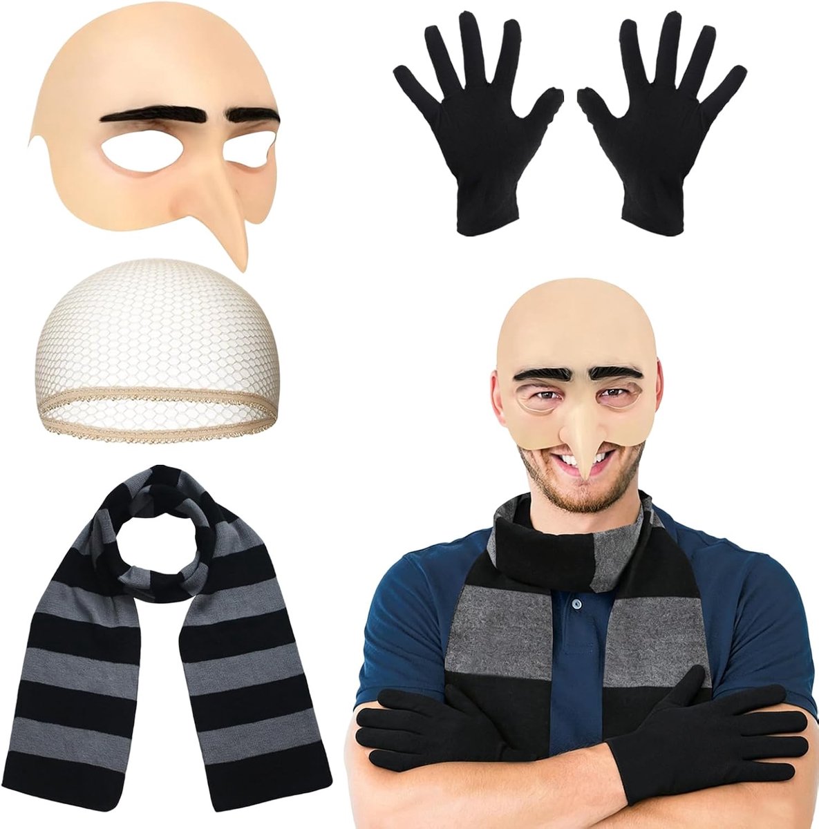 Muts met gestreepte sjaal, zwart/grijs, haarnet, handschoenen, cosplay kostuum voor volwassenen, voor carnaval, Halloween, 4 stuks kale accessoires voor volwassenen