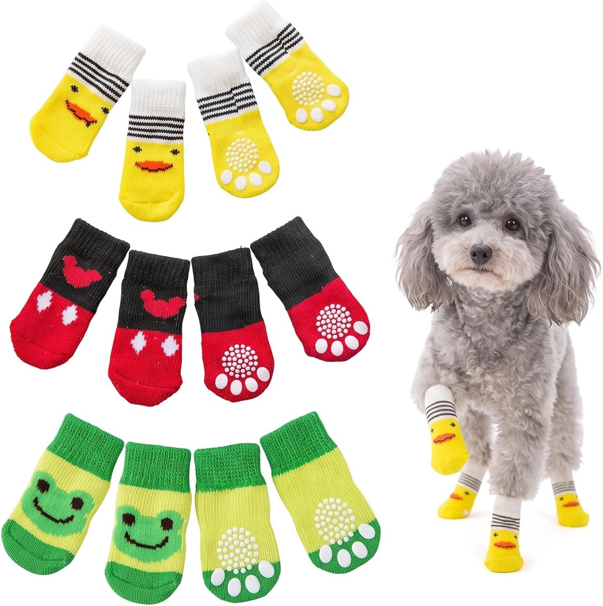 Set van 12 hondensokken, antislip, pootbescherming, hond, S, 3 sets, zachte katoenen hondenschoenen voor kleine honden en katten, antislipsokken voor honden, binnen, met schattige motieven tegen