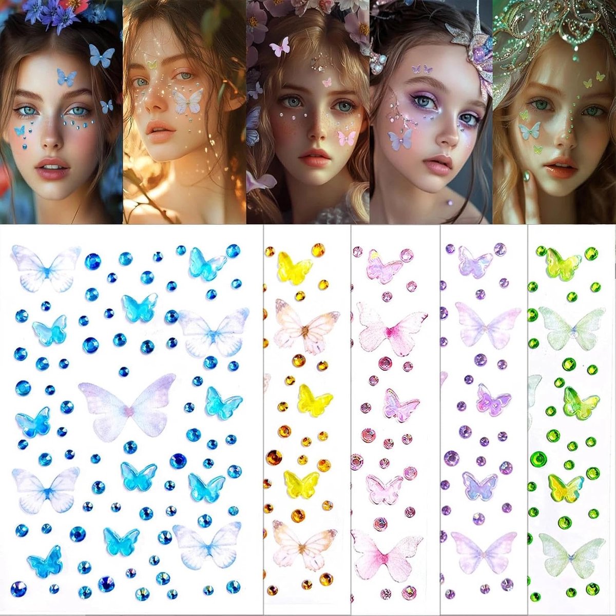 Zelfklevend, 5 vellen strass-steentjes gezicht, stickers glitter