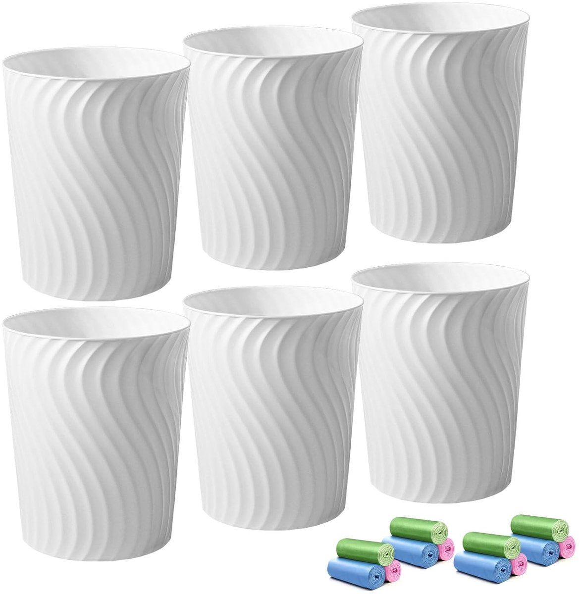 SnelShoppen - 6 Stuks 7 Liter Kleine Vuilnisbakken zonder Deksel - Ruimtebesparende Ronde Prullenbak van Robuust Plastic voor Kantoor, Kinderkamer, Wo