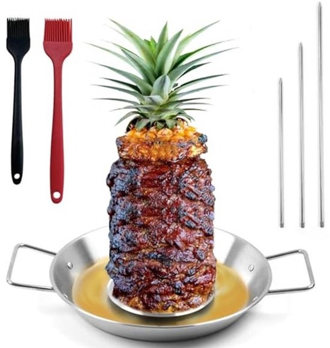 Verticale spies voor Al Pastor - RVS Braziliaanse spies met 3 punten - Inclusief borstel en vetscheidingsbak - Voor tacos, shoarma en kebabs in oven of rookoven - Barbecueaccessoire