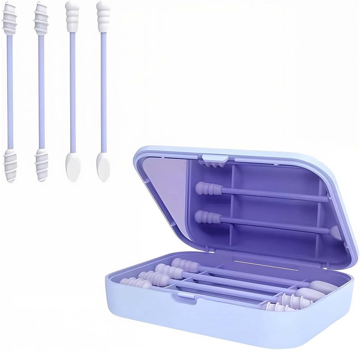 Pack of 4 Reusable Silicone Cotton Swabs Cleaner with Mirror, Double Spiral Tip for Ears, Makeup, Dental and Oral - ShopVlot