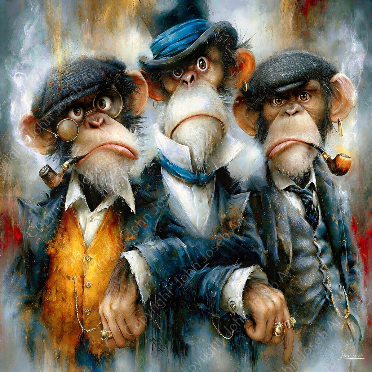 John Joseb Art (Canvas) 60x60 | Grappige apen in pak, hoed, pijp, roken, fashion, humor, hoed, pet, abstract, kunst, vierkant, aap, peaky blinders, dier, rood, blauw, bruin, modern | Foto-Schilderij canvas print (wanddecoratie) Canvas, dikte 2 cm