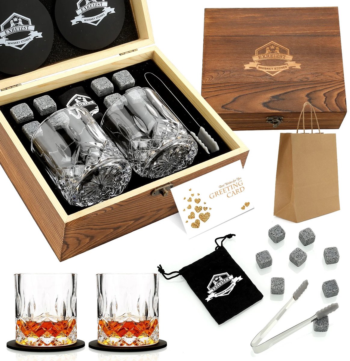 Cherrys Finds - Whisky Glazen Set – 2 Glazen Met Accessoires - Inclusief Whiskystenen - Whiskey Stenen En Glazen Set - Granieten IJsblokjes voor Whisky - Koelstenen - Cadeauset voor Mannen – Luxe Geschenkdoos – Herbruikbaar