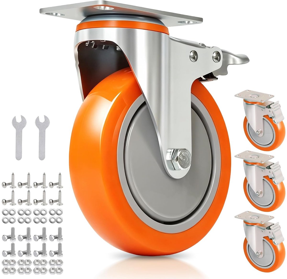 125 mm zware zwenkwielen met rem, 800 kg draagkracht, set van 4 industriële transportwielen van PU, 360° draaibaar - ShopVlot