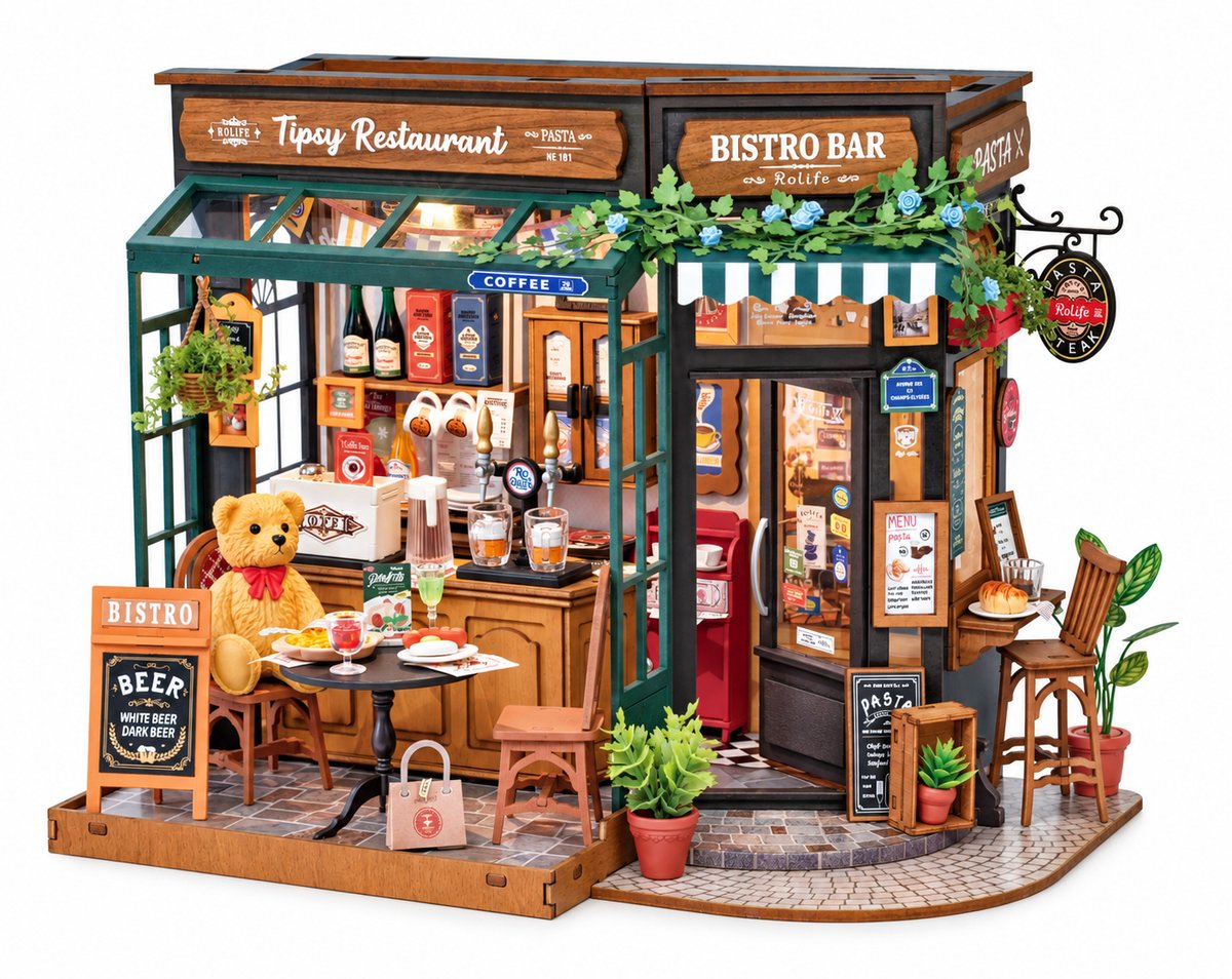 Sello! houten muziekdoos – bouwpakket – bouwproject – bewegende bistro poppenhuis – schaal 1: 18 – 23,8 × 18,0 × 18,2 cm
