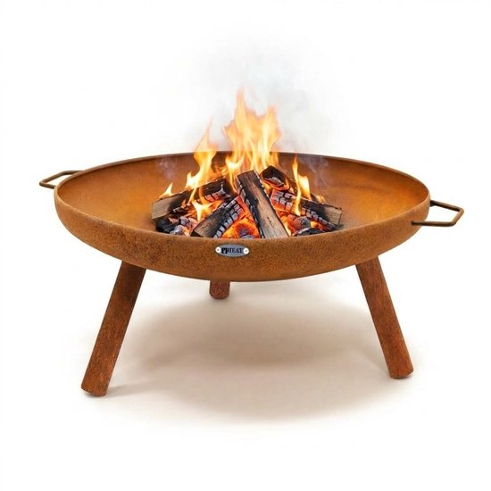 Roestkleurige vuurschaal met brandend hout, staanders en handgrepen.
