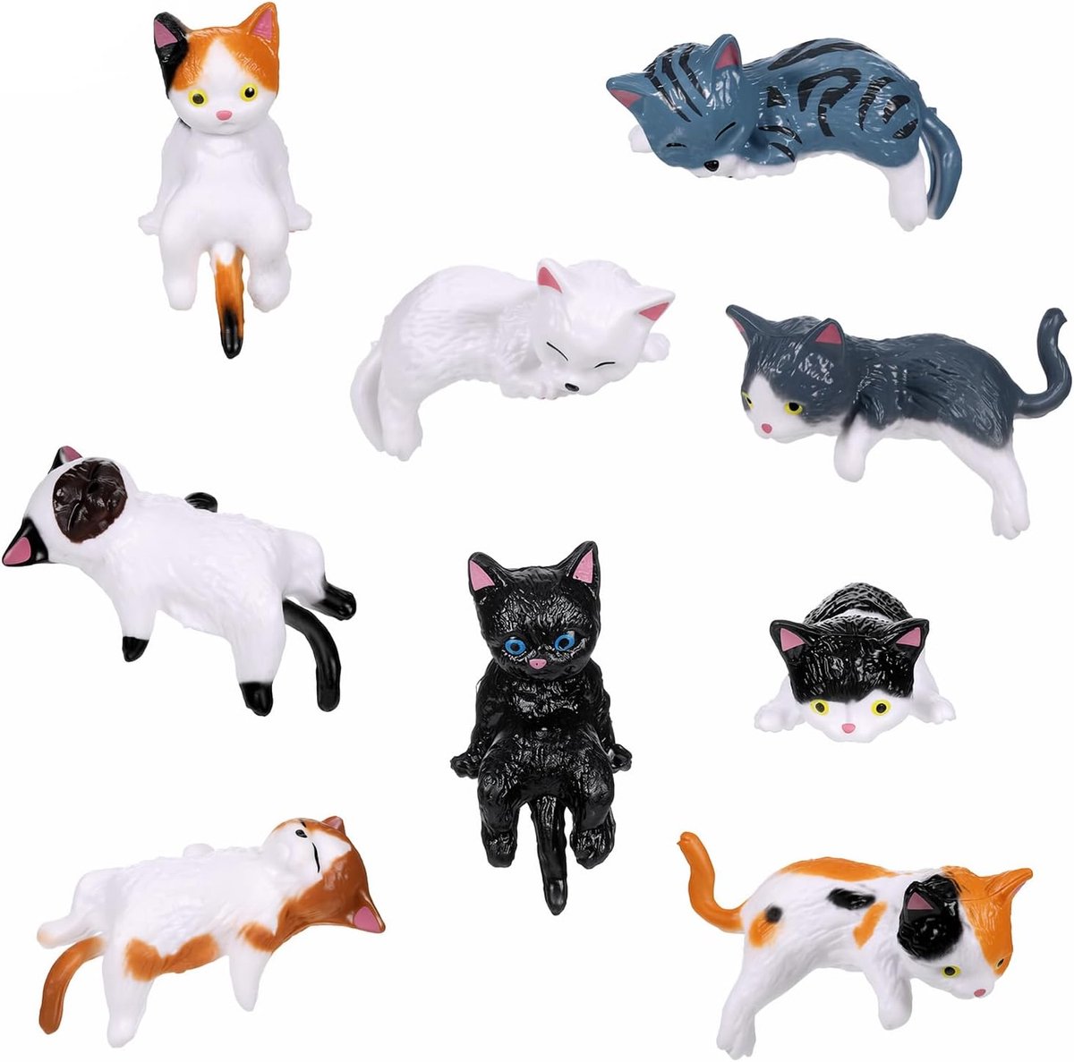 mini kattenbeeldjes set van 9 - schattige decoraties - voor auto en bureau - speelse accenten - ShopVlot