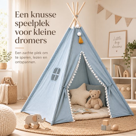 MISOU Tipi Tent - voor Kids - 120x120x160cm - Blauw - Speeltent - Binnen en Buiten - Kindertent - Jongens - TOTO van MISOU — afbeelding 3