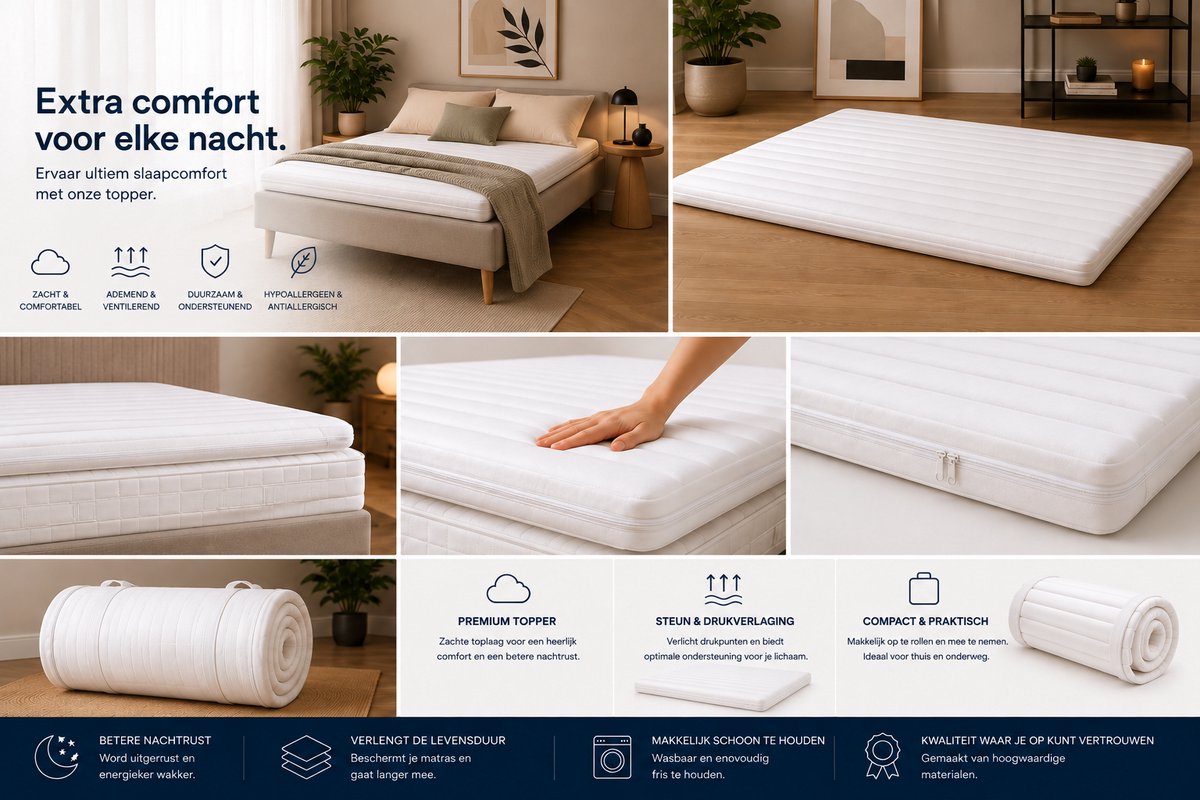 FITBERTH 160x200x6 Topper - Medium - HY33 - Premium - Orthopedisch Verantwoord - Ventilerend - Ergonomische Ondersteuning - Afritsbaar - Wasbaar wit