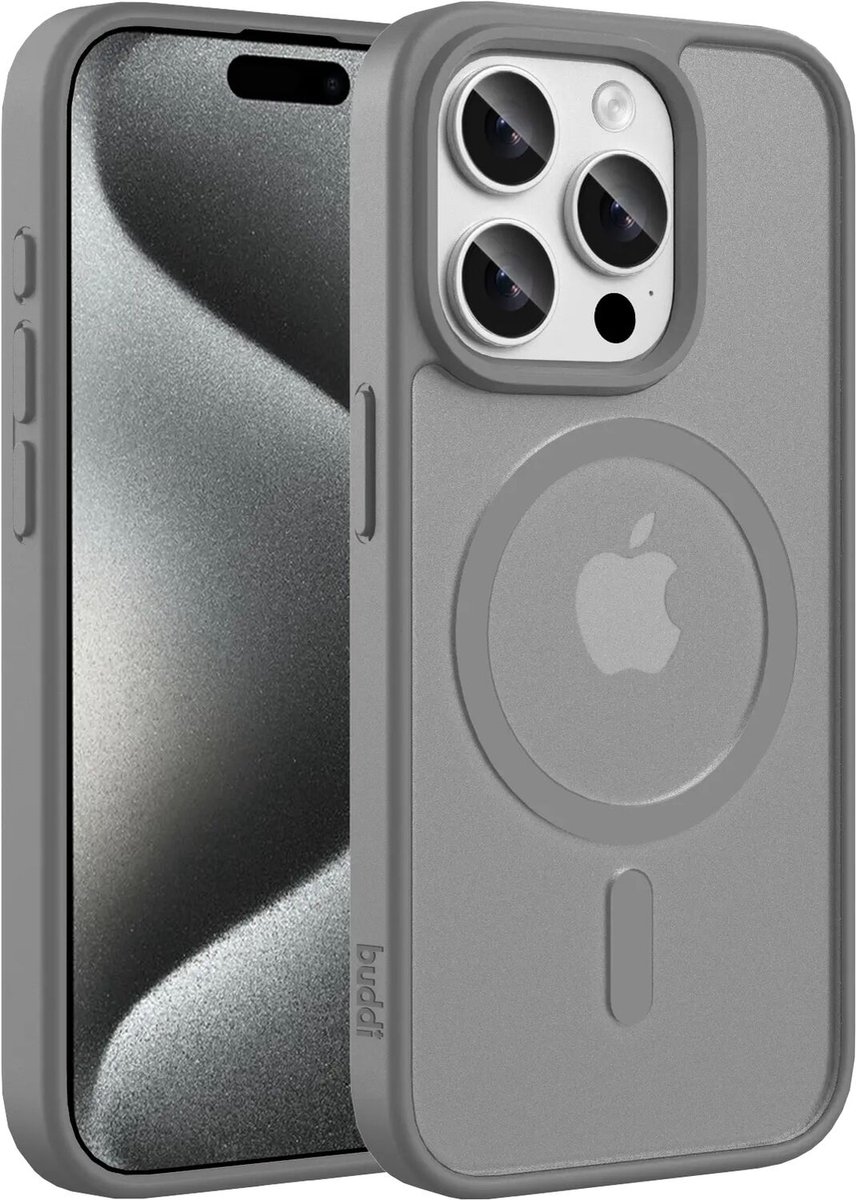 Buddi Frost Hoesje Geschikt voor Apple iPhone 15 Pro - Mat Grijs - MagSafe Back Cover - Matchende kleur - Shockproof - Slank