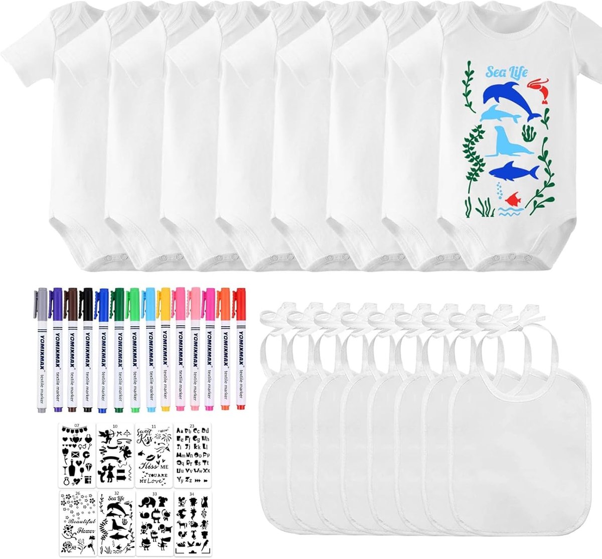 Babyschorten set 16 stuks - korte mouwen - met textielstiften en sjablonen - creatief voor babyshowers - SnelShoppen