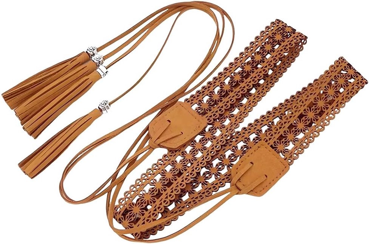 169 x 2.8cm PU Leather Boho Braided Tassel Belt Vintage Bohemian Hollow Knotted Waistband - ShopVlot