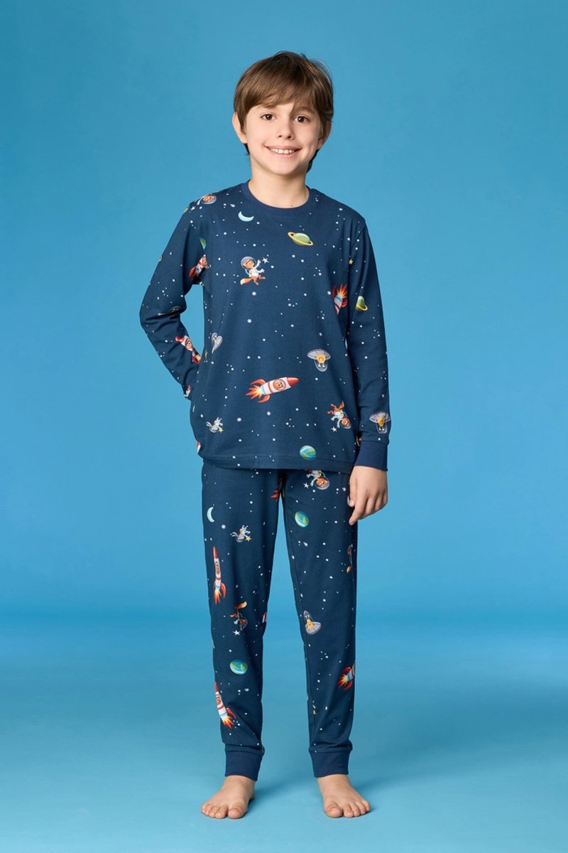 Woody pyjama jongens/heren - donkerblauw - galaxy all-overprint - 262-10-PLC-Z/914 - maat 98
