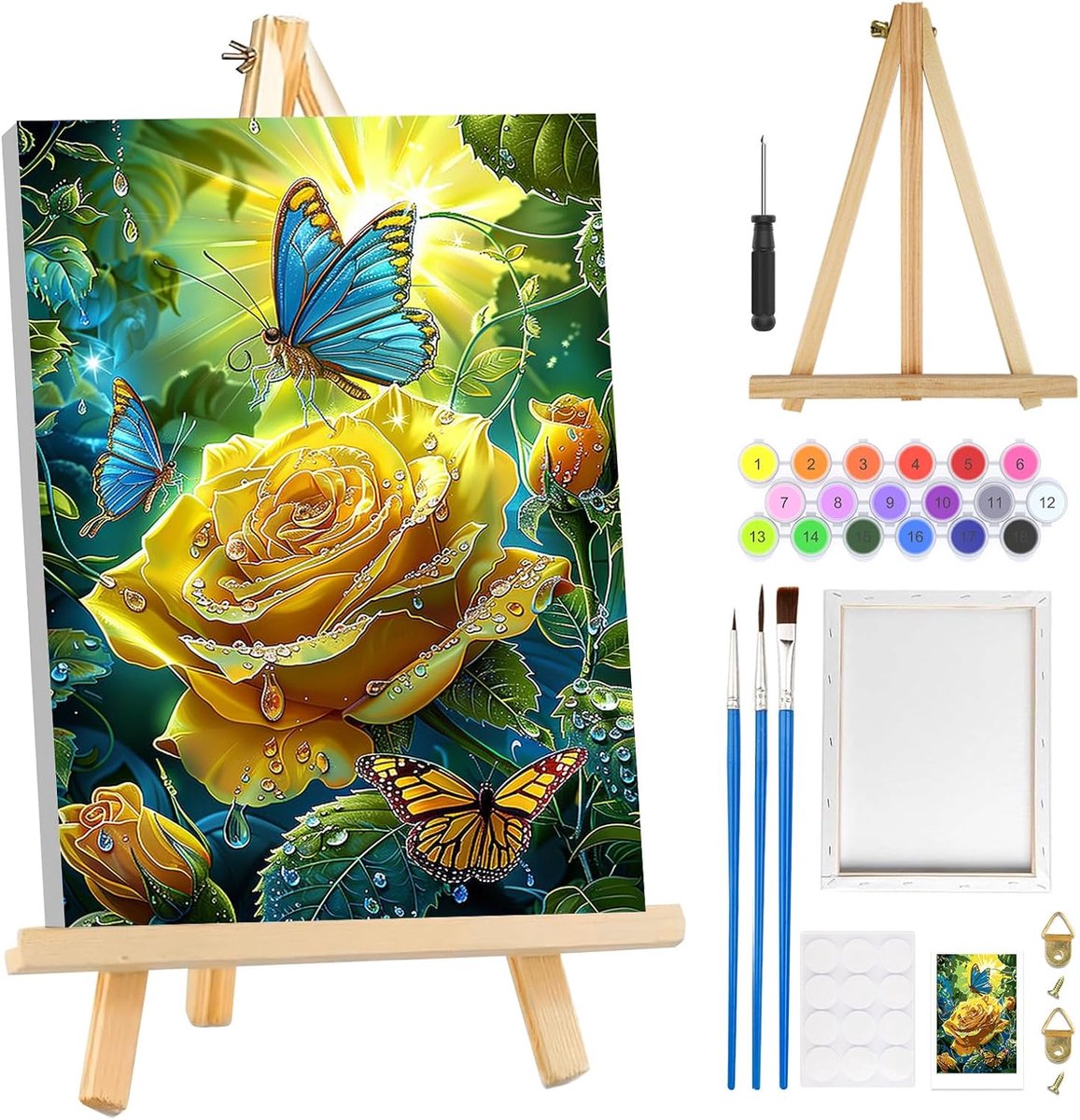SnelShoppen - Paint by Numbers Set voor Volwassenen Beginners - Rozenlandschap Schilderen met Frame en Easel - Eenvoudige DIY Vlinder Olieverf Set - C