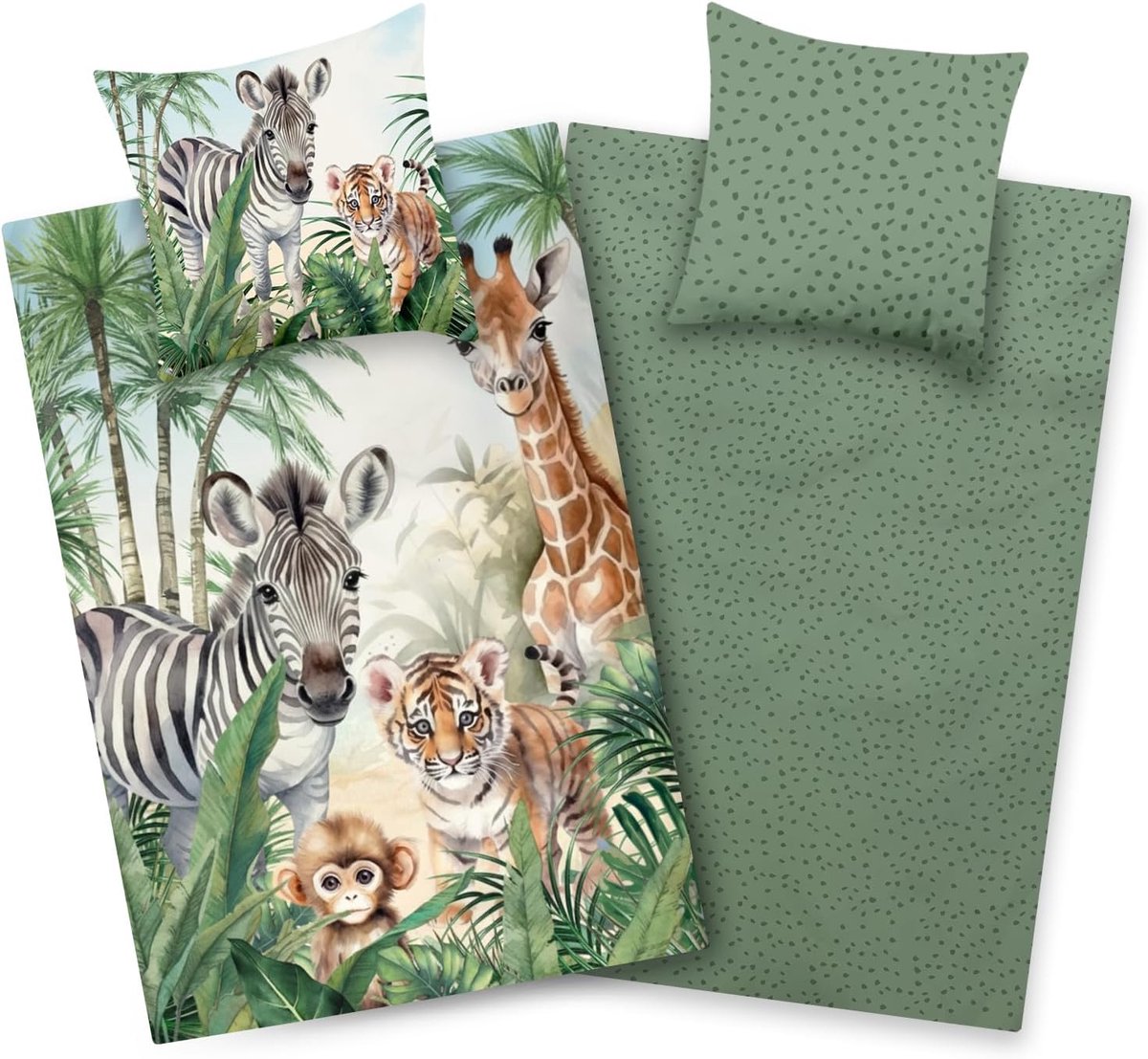 Kids Beddengoed dierentuin 135x200 katoen meisjes en jongens YKK ritssluiting groen kinderbeddengoed jungle giraffe leeuw zebra aap