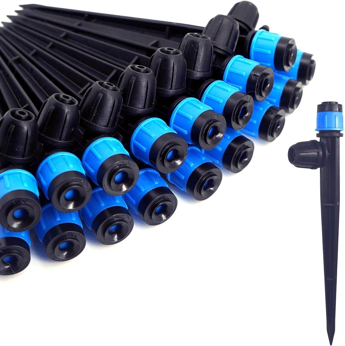 Druppelirrigatiestralers, 50 stuks, met paal, 360 graden instelbare ventilatorsproeier, waterstroomblokkering met weerhaak voor 1/4 inch druppelirrigatieslang, buitenkas