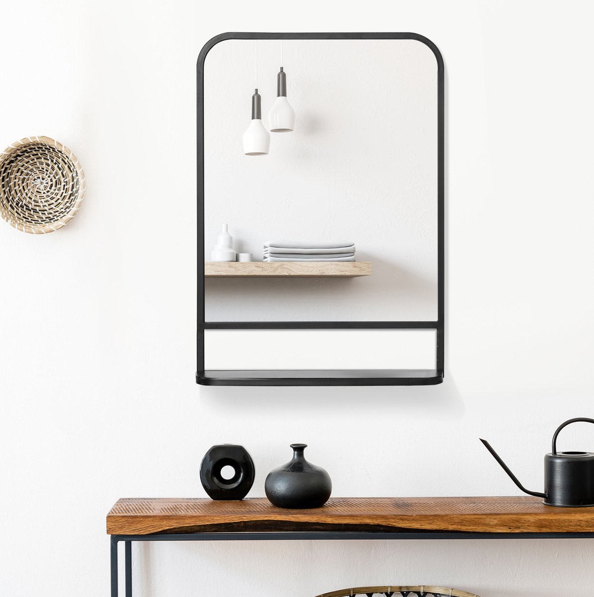 MIVRAY Wandspiegel – Met Legplank – 70 x 50 x 10,2 cm – IJzer En Glas – Zwart – Voor Woonkamer, Hal En Badkamer – Wandmontage