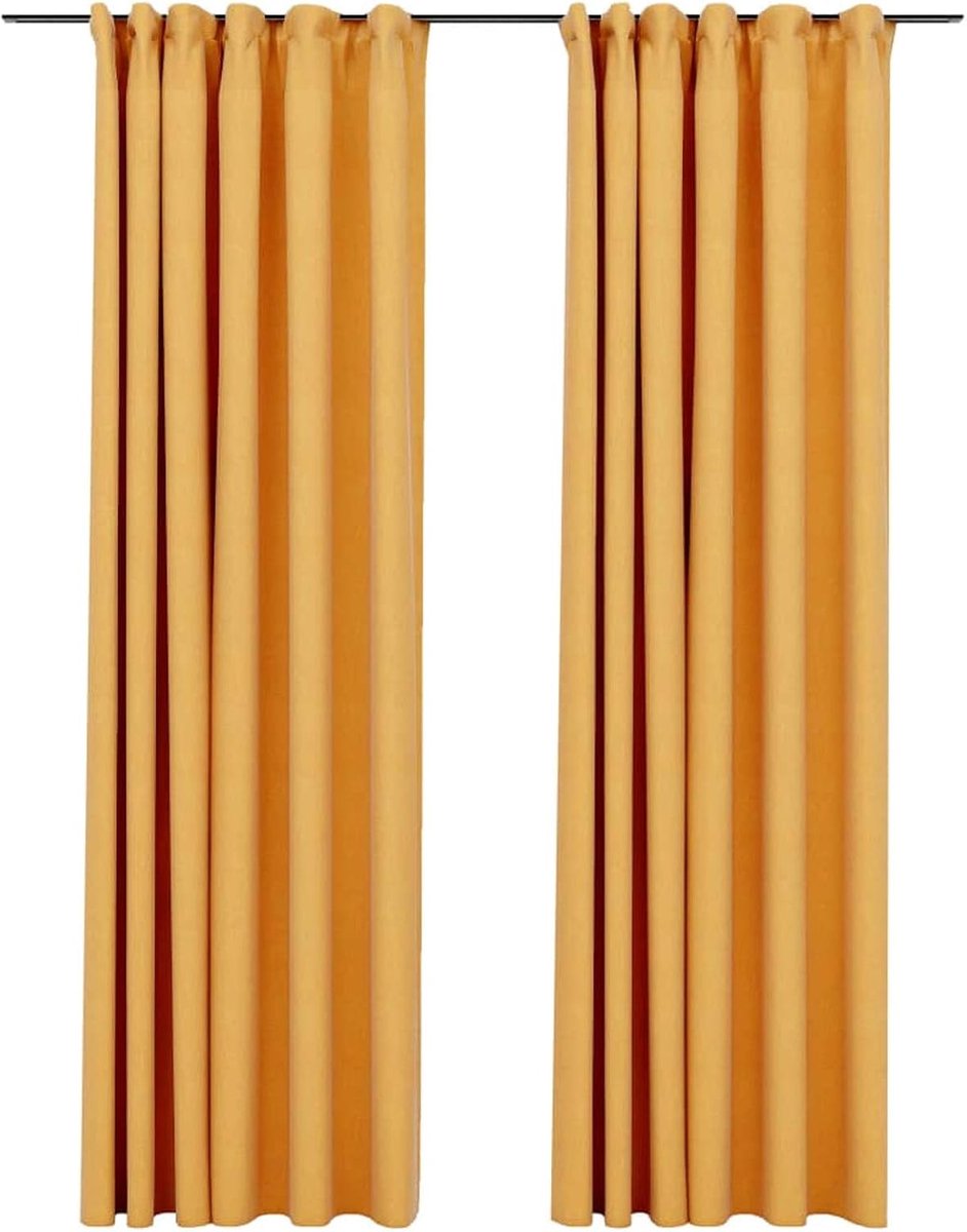 2X Gordijn Verduistering met haken Verduisteringsgordijn Plooiband Thermo Gordijn Ondoorzichtig Gordijnen Linnen Look Geel 140x245cm