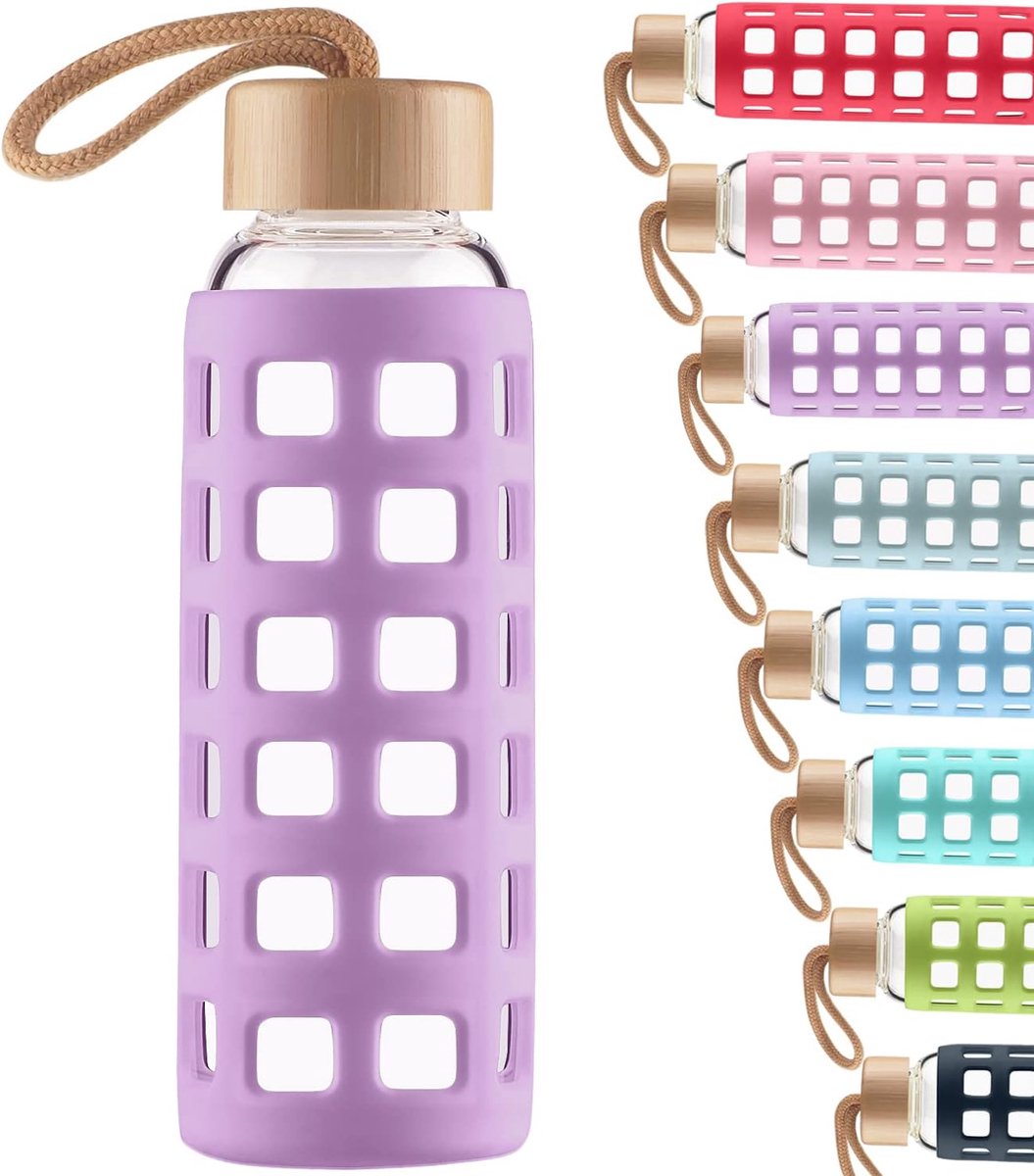 Sportfles van glas, BPA-vrij, met siliconen hoes en bamboedeksel, 1000 ml (paars)