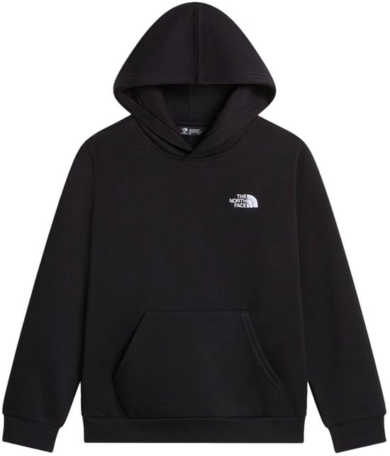 Zwarte The North Face hoodie met capuchon, kangoeroezak en wit logo op de borst.