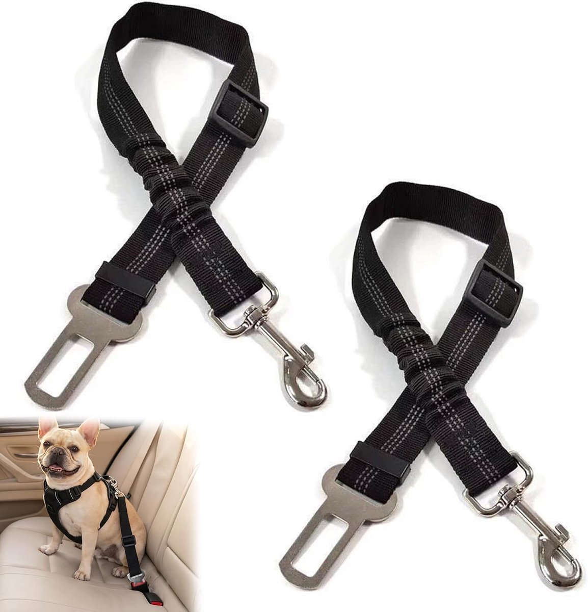2-Stuks Hondenveiligheidsriem voor Auto's, Instelbaar Harnas voor Honden, Universeel Geschikt voor Alle Voertuigmodellen, Sterke & Duurzame Veiligheidsriem