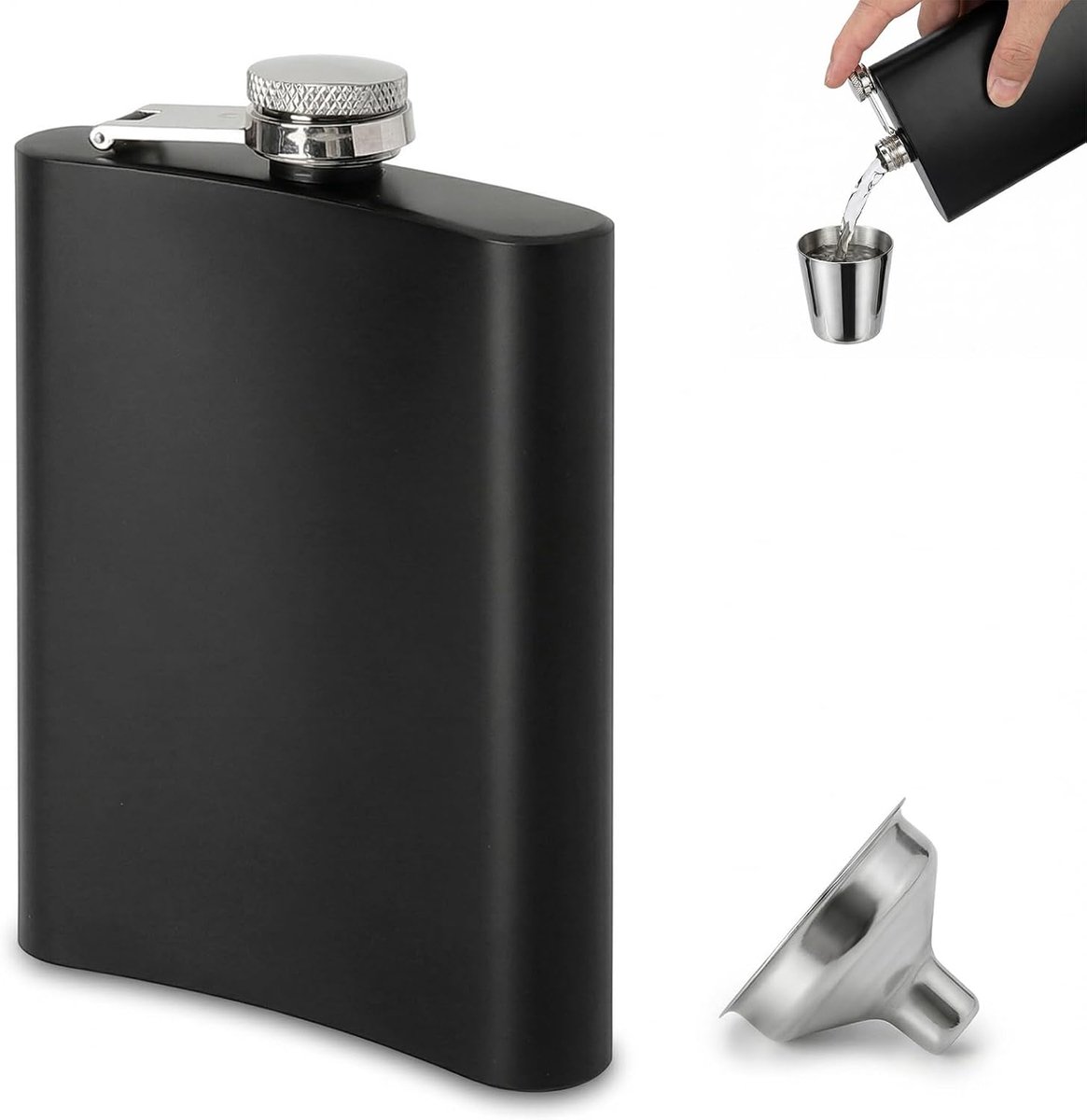 Roestvrij staal, 227 ml, mat zwart, met trechter, set lekvrij, hip flask klein zakformaat, heupfles voor whisky, rum, wodka, cadeau voor mannen, outdoor, reizen