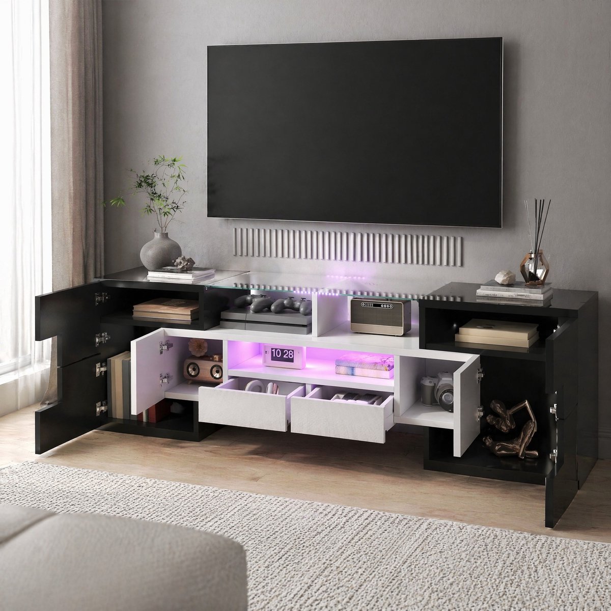 WUVRIE TV-meubel 145x30x51 cm - 6 deuren, 2 lades en LED-verlichting - Wit/zwart