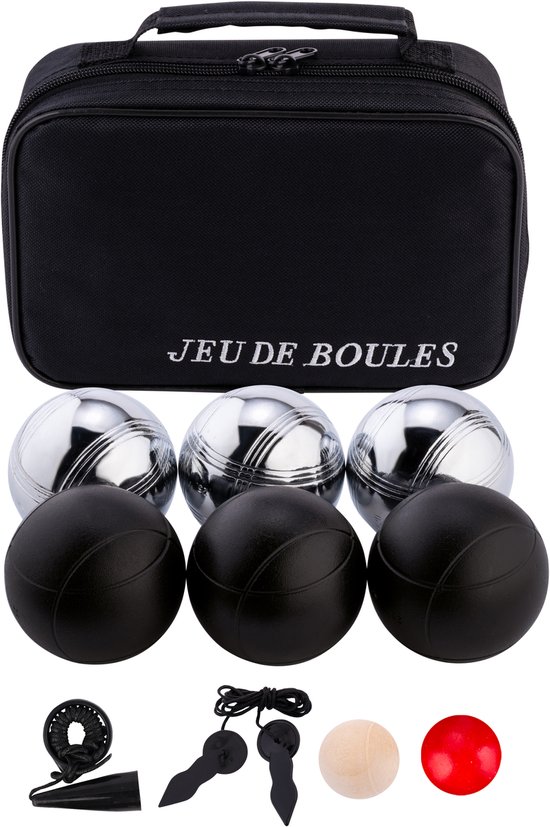 Zwarte 'Jeu de Boules' tas met inhoud: 3 zilveren, 3 zwarte ballen, 1 kleine houten bal, 1 rode bal, 2 doelpunten, meetlint en ballenrek.