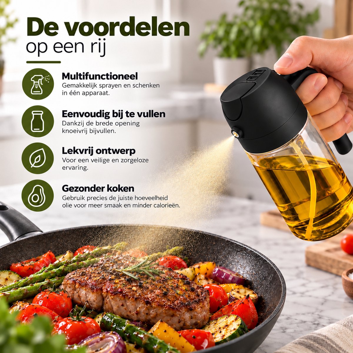 Navazz Olijfolie sprayer - 2-in-1 spray- en schenkfunctie - Glas - Olie sprayer - Olie spray voor koken, grillen en bakken - Oliefles - Incl. E-kookboek — cadeau in Boeken - foto 3