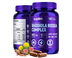 Rhodiola Rosea Complex 600 mg – 10:1 Rhodiola Rosea Wortel Extract – Met Vitamine B5, B6 & B12 – 180 Vegan Capsules – 6 Maanden – Laboratoriumgetest & GMP-gecertificeerd - Suplint