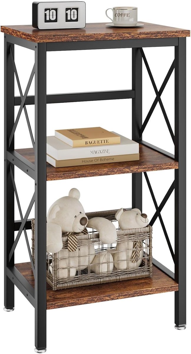 SnelShoppen - 3 Laags Boekenkast, Opberg Rek, Plantenrek, Magnetron Opberg Rek met Stalen Frame, Industrieel Stijl, 40x29x75CM, Rustiek Bruin en Zwart